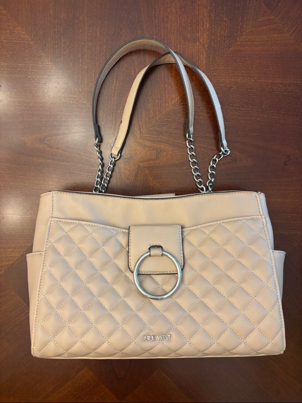 Nine West Quilted Light Beige Shoulder Tote with Ring Accent